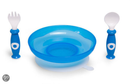 Afbeelding van Childhome - Plastic Bord + Bestek - Blauw & Wit