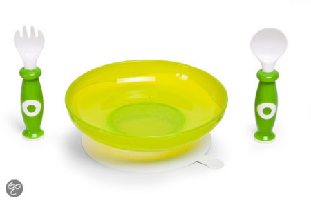 Afbeelding van Childhome - Plastic Bord + Bestek - Groen & Wit